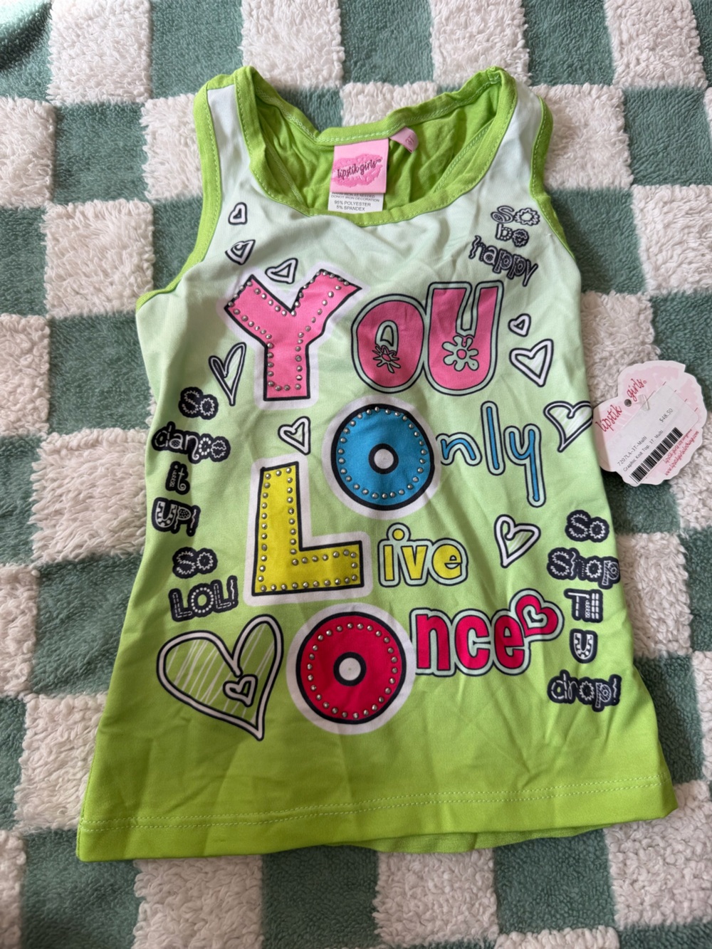Lipstick Boutique Lime Green Graphic Tank Top with Pink Blue Yellow Accents